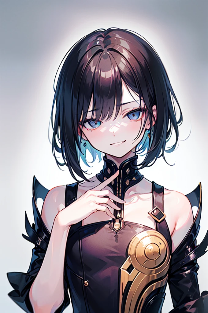  
(((masterpiece, Highest quality, 1girl, Beautiful attention to detail:1.6, Upper Body, Anatomically correct, flat lighting, futuristic fashion, natural fingers, empty eyes, smirk))), bewitching, black hair, short cut, ponytails, gray background