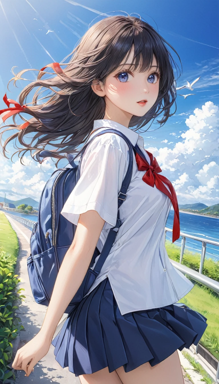 Photo quality、4K、woman,Dark blue high 、whiteいシャツ、Red ribbon、Navy blue school bag、通学Wind景、School、white,art,advertisement,Colored pencil drawing,draft 、Summer Girl、Wind、whiteいレースのパンツがWindで見える
