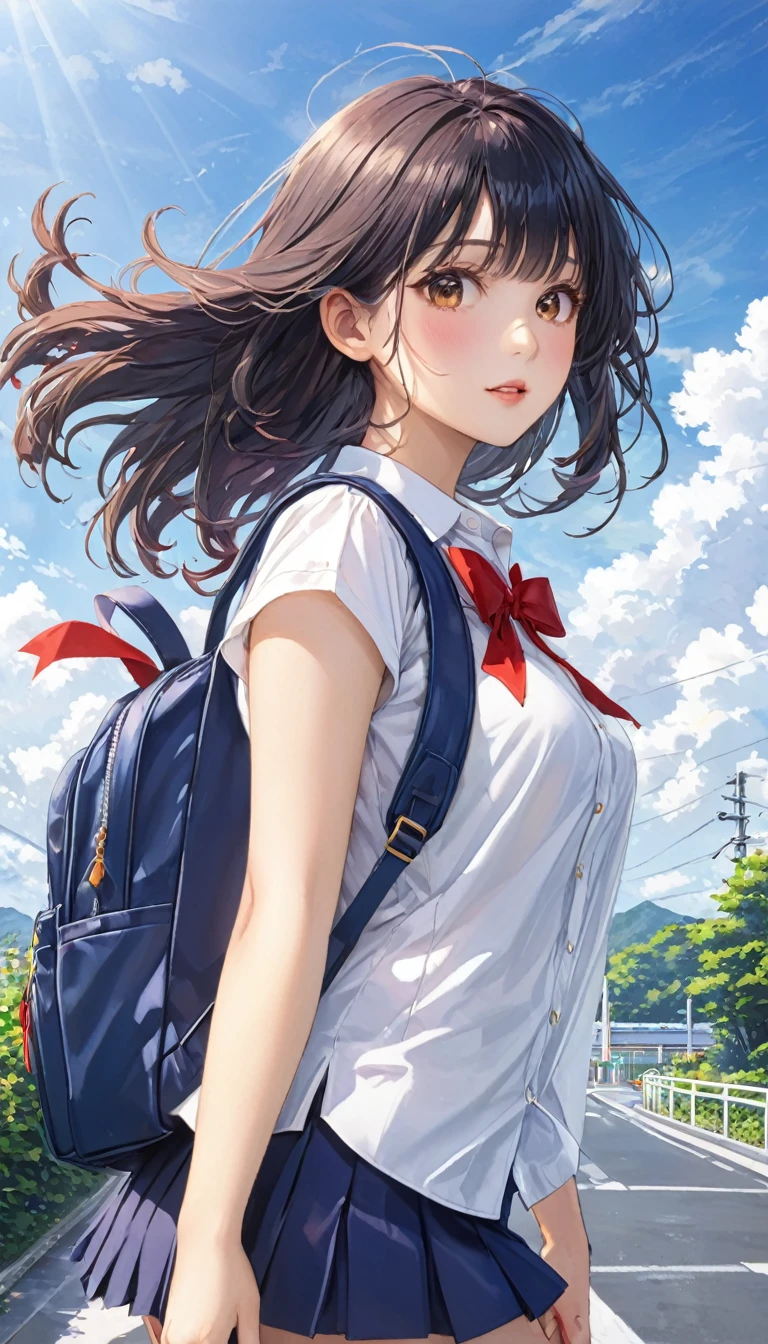 Photo quality、4K、woman,Dark blue high 、whiteいシャツ、Red ribbon、Navy blue school bag、通学Wind景、School、white,art,advertisement,Colored pencil drawing,draft 、Summer Girl、Wind、whiteいレースのパンツがWindで見える