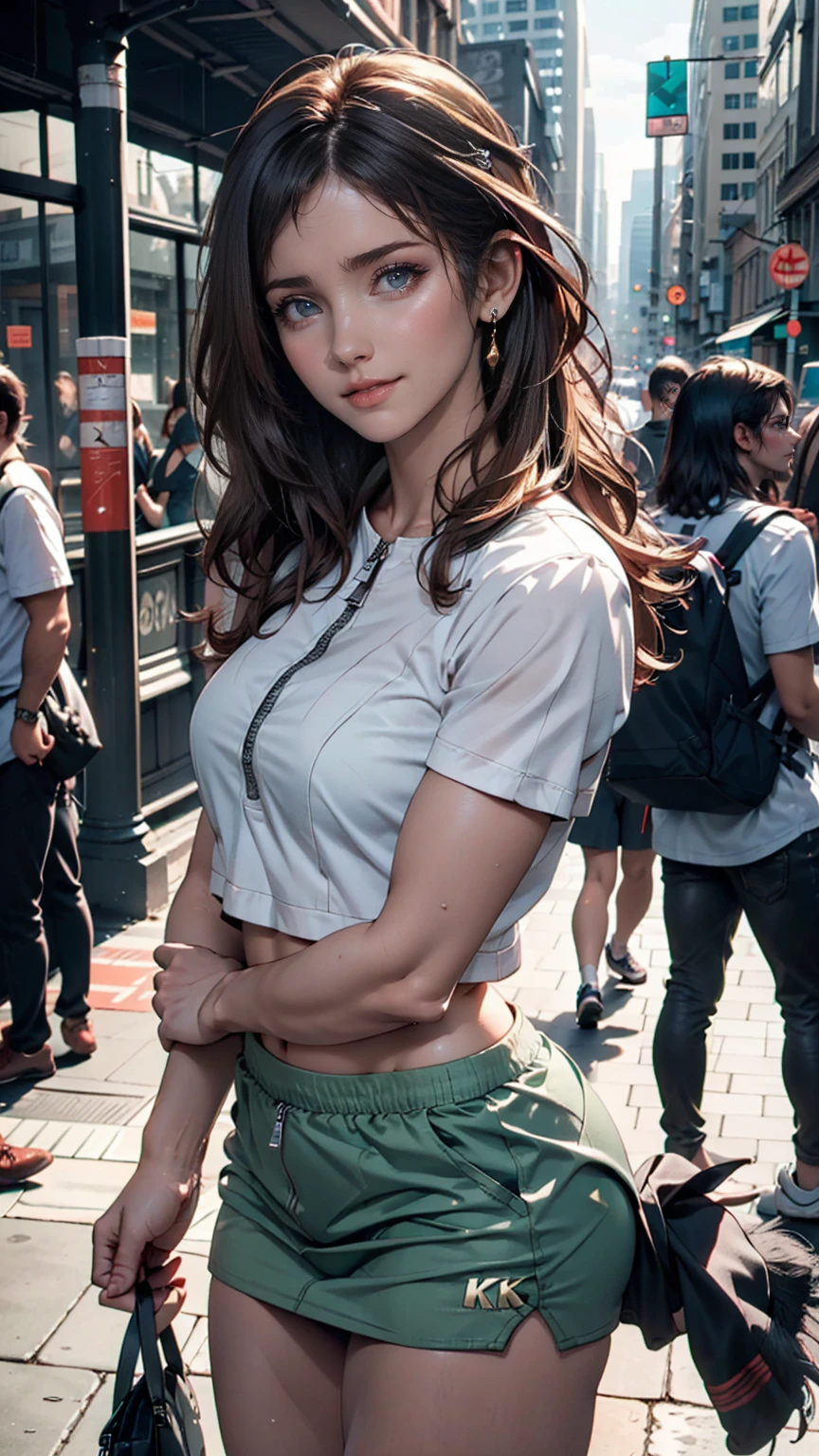 RAW Photos, looking at the camera, ((Highest quality, 8k, masterpiece: 1.3)), Sharp focus: 1.2, White shirt, Beautiful Features, The best smile, Cute Smile, Beautiful woman with perfect style: 1.4, Slim Abs: 1.2, Dark brown hair, (Natural light, City Street: 1.1), Highly detailed face and skin texture, Detailed eyes, double eyelid、Arms crossed、Sunlight from above、Shadow on the ground、Leaning against a pastel green concrete wall、High neck zipper up top、Micro Mini Skirt(Underwear visible)
