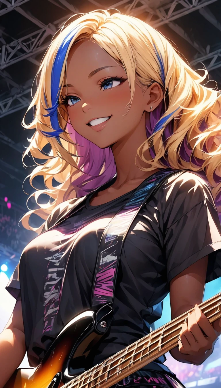 (highest quality:1.2, Very detailed, up to date, Vibrant, Ultra-high resolution, High Contrast, masterpiece:1.2, highest quality, Best aesthetics), Portraiture、girl、slim, stage、performance、Rock Music、Bright colors、Beautiful fine details、Beautiful lip detail、extra short hair, ((wavy hair:1.3))、messy hair, blonde and blue ((streaked hair:1.5)), highlights hair: 1.3, medium breast, (tan skin:1.3), Music band、Cheerful pose、Concert Light、Edgy Style、black tank top、Dynamic Movement、hypnotic sounds、Stadium、amplifier、Loud music、Electric bass、((playing bass:1.3)), Fender bass, Passionate performance、Concert atmosphere、Music Festival、Full of emotion、Rock star attitude、Resolute expression、Avid Fan、Expressive gestures, look far away, smile, (upper body),