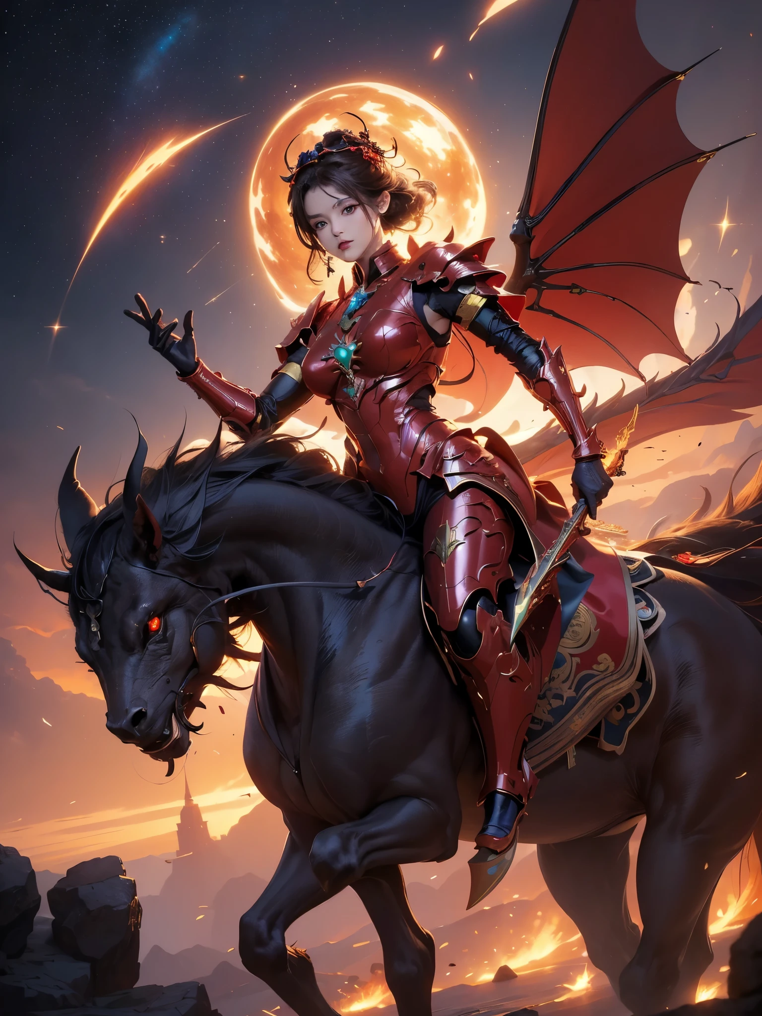 ((RAW photo), absurd, (absurdresolution)), masterpiece, best quality, (Extremely detailed 8k unity CG wallpaper), (best illustration), (best shadow), absurd, Realistic lighting, beautiful detailed glow, dragon being with golden armor, red eyes, holding technological weapon, alien world, scarlet mist, galaxy visible in the sky, artegerm and wlop, inspired by Marek Okon