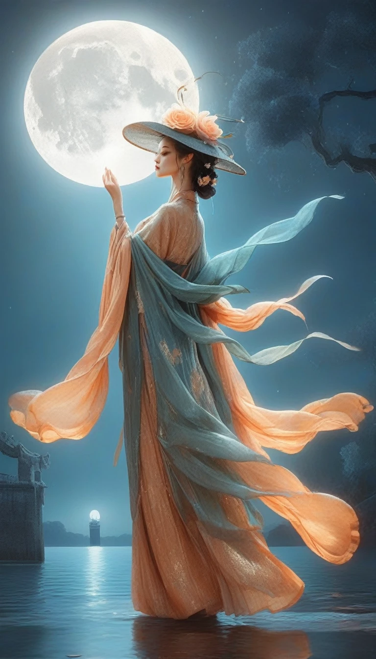 woman in a long dress and hat dance tango with a man in suit a pier at night, digital art by Cyril Rolando, pixabay contest winner, digital art, walking towards the full moon, beautiful and mysterious, standing in moonlight, walking in the moon, in the moonlight, the moon behind her, moon goddess, stunning moonlight and shadows, fantasy photography