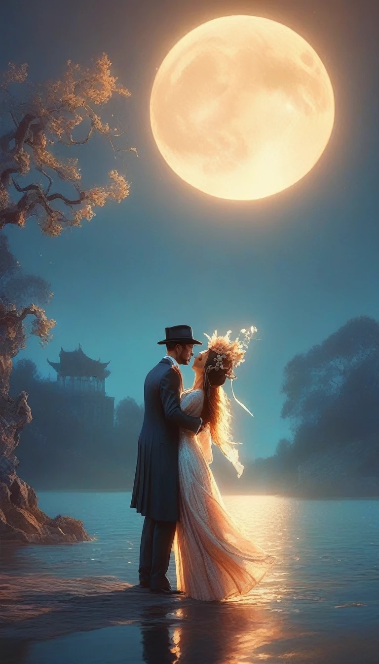 woman in a long dress and hat dance tango with a man in suit a pier at night, digital art by Cyril Rolando, pixabay contest winner, digital art, walking towards the full moon, beautiful and mysterious, standing in moonlight, walking in the moon, in the moonlight, the moon behind her, moon goddess, stunning moonlight and shadows, fantasy photography