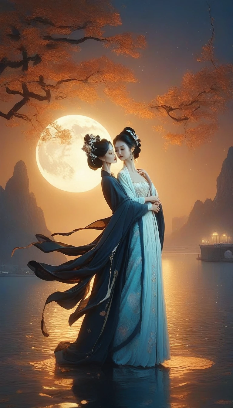 woman in a long dress and hat dance tango with a man in suit a pier at night, digital art by Cyril Rolando, pixabay contest winner, digital art, walking towards the full moon, beautiful and mysterious, standing in moonlight, walking in the moon, in the moonlight, the moon behind her, moon goddess, stunning moonlight and shadows, fantasy photography