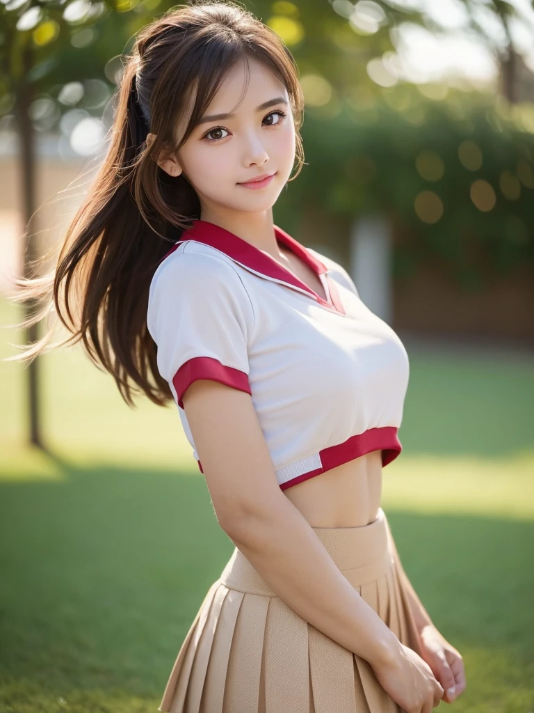 masterpiece, Highest quality, Very detailed, High resolution, (Realistic, photoRealistic:1.37), Excellent anatomy, One beautiful woman, Cheerleader, A small smile, cheer leading, Cheerleader uniform, (shape), Micro Pleated Mini Skirt, ((Very delicate and beautiful)), (Bokeh, Blurry outdoor background), Brown Hair, Long Hair, Very beautiful face, Cute type, Big Natural Color Lip, Big and pretty eyes, Brown eyes, Obvious double, Small and cute nose, Brown eyes, Shiny highlight spots around the eyes, Character Focus, Tilt your head, The best light, Best Shadow, mysterious, Perfect Face, Very detailed, Soft Skin, (Glowing Skin, Sweaty: 1.2)'Beautiful legs, Voluptuous thighs, Plump body, Huge breasts, (Expresses the roundness and softness of the chest area........1), Beautiful body, (A perfect feminine figure),