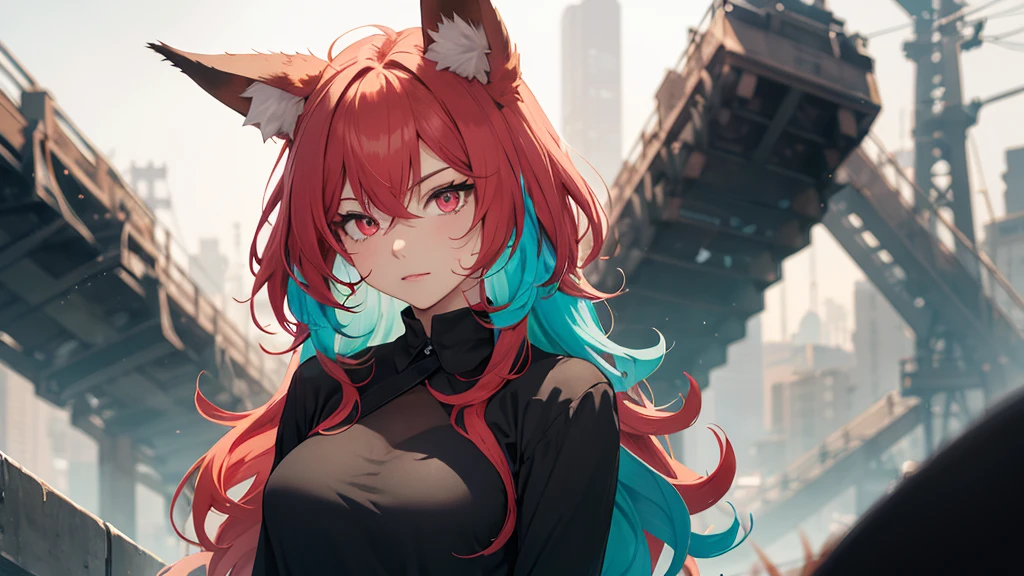 Woman with wavy red and turquoise hair, Fox Ears, Bright pinkish red eyes. A long black shirt that covers the neck.