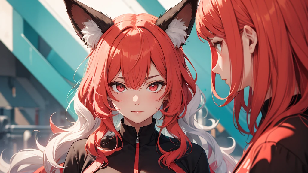 Woman with wavy red and turquoise hair, Fox Ears, Bright pinkish red eyes. A long black shirt that covers the neck.