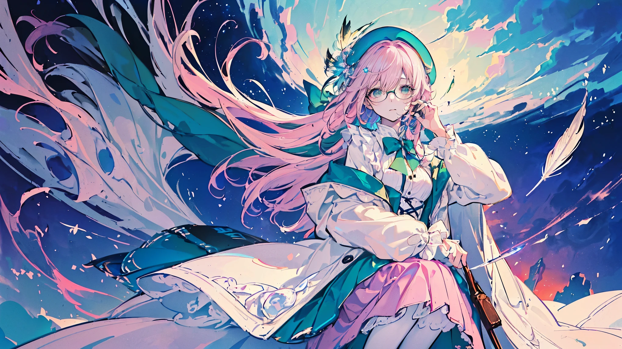 (Super detailed)),((illustration))，((masterpiece)),(((need))),((fine、Highest quality CG Unity 8K wallpapers，masterpiece），（（4K，masterpiece，best quality）），Woman with pink hairstyle，Long hair，writer，Wearing a beret，Eyes like sapphires，wearing glasses，noble，Wearing a plain fluffy long skirt made of white fabric，Wearing a green coat，Wearing white shoes，Medium breasts，Sitting on a white bench, looking down in thought，Stepping on the clouds，Mature and wise when meditating，Holding a feather pen in his right hand, he is creating，In a carriage，Outside is a universe filled with stars，individual，Full body picture