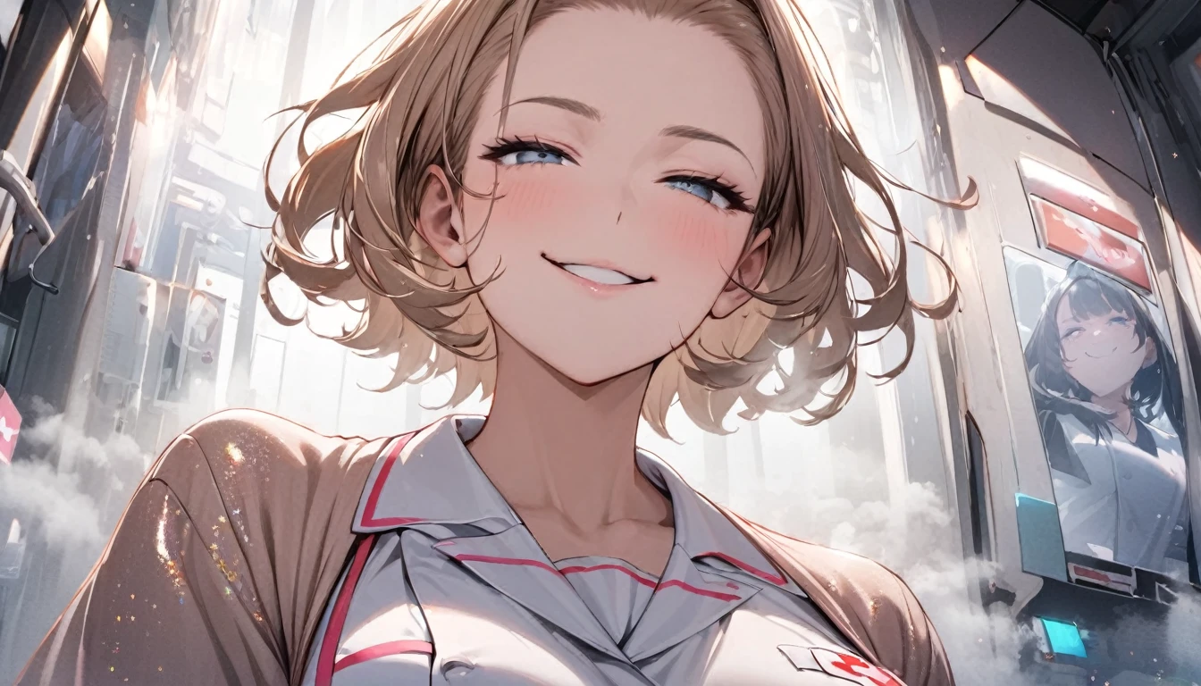 From below, Portraiture, Kind and beautiful nurse, Cool face, A shy smile, Superb proportions, She is wearing a loose cardigan over her nurse uniform., Glitter effect, fog effect、smug face、