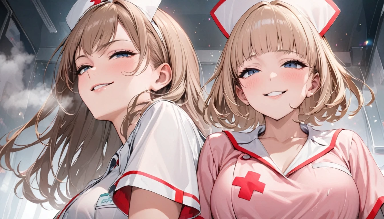From below, Portraiture, Kind and beautiful nurse, Cool face, A shy smile, Superb proportions, She is wearing a loose cardigan over her nurse uniform., Glitter effect, fog effect、smug face、