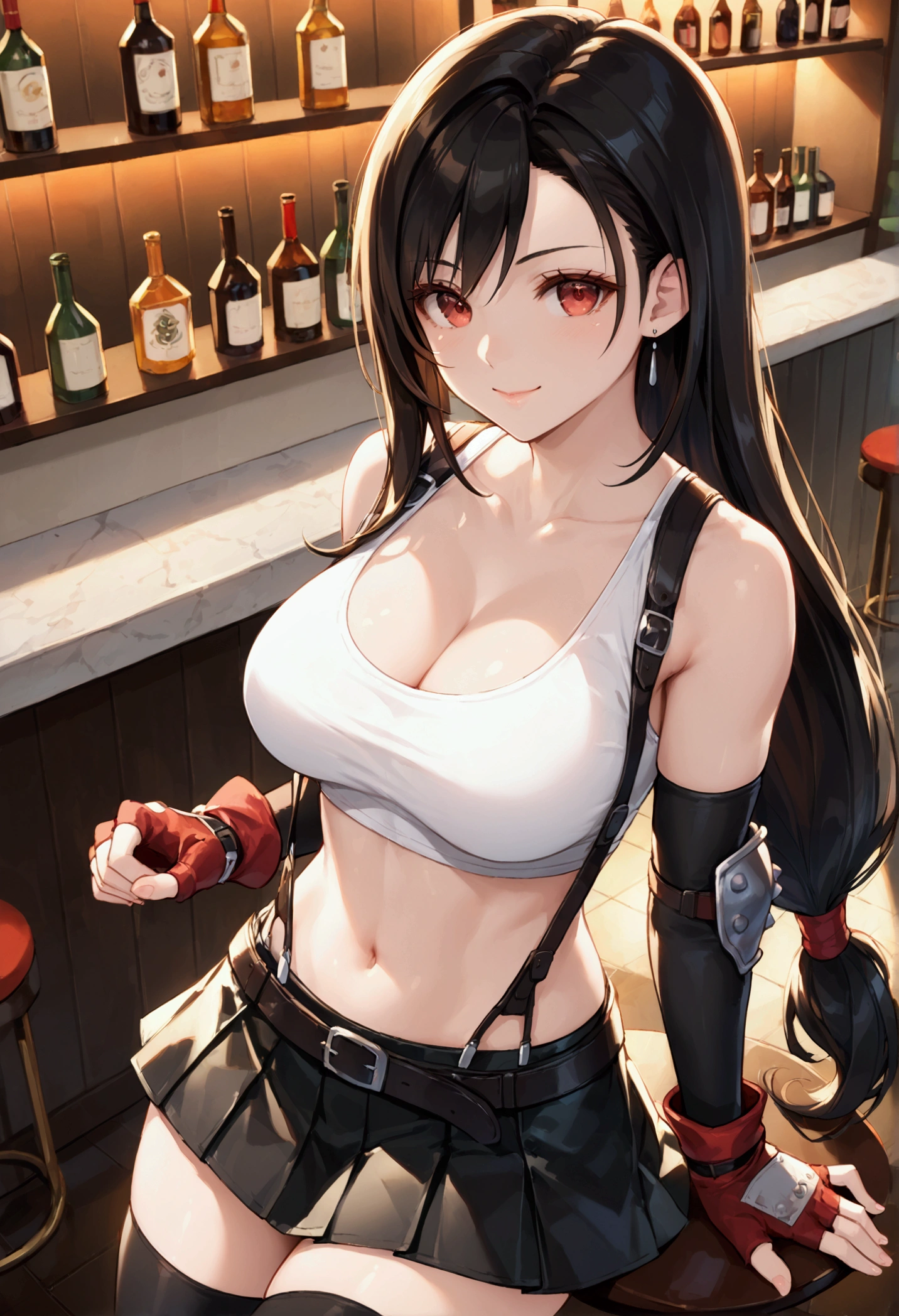 (score_9, score_8_up, score_7_up), BREAK  (masterpeace),(best quality),(aesthetic,very aesthetic),(highly detailed),great quality,1girl, tifa lockhart, final fantasy,(beautiful). black hair, low-tied long hair, red eyes, bangs, white tank top,gap, belt, pleated skirt, thighhighs, elbow fingerless gloves, elbow pads, midriff, navel,suspender skirt.zettai ryouiki,(large_breasts:1.3),Solo,upperbody,looking at viewer,  vibrant, joyful,cafe and bar,(Emphasize the cleavage),hands on counter,Showcasing cleavage:1.3 ,counter,straight-on,face focus,from face,dynamic angle,