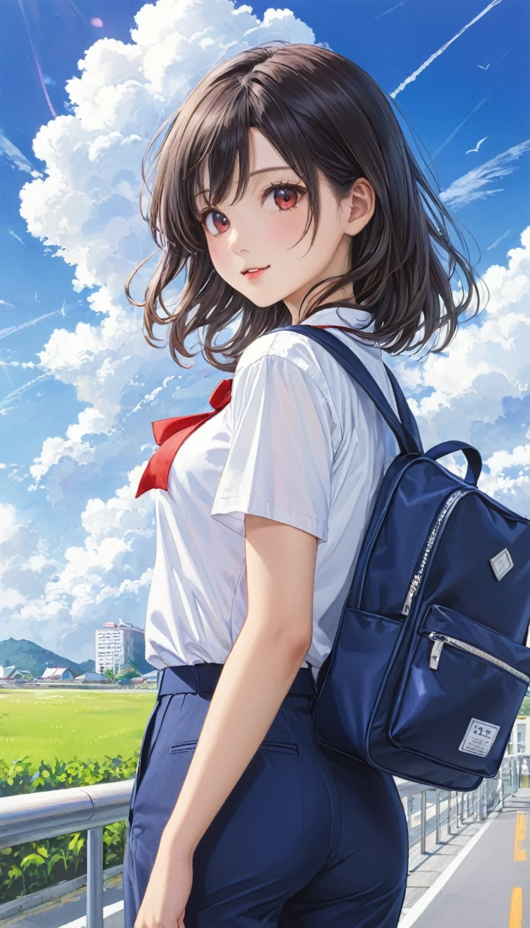  I can see your pants、Windでスカートが捲れる、Photo quality、4K、woman，Dark blue high 、whiteいシャツ、Red ribbon、Navy blue school bag、通学Wind景、School、white，art，advertisement，Colored pencil drawing，draft 、Summer Girl、Wind、whiteいレースのパンツがWindで見える