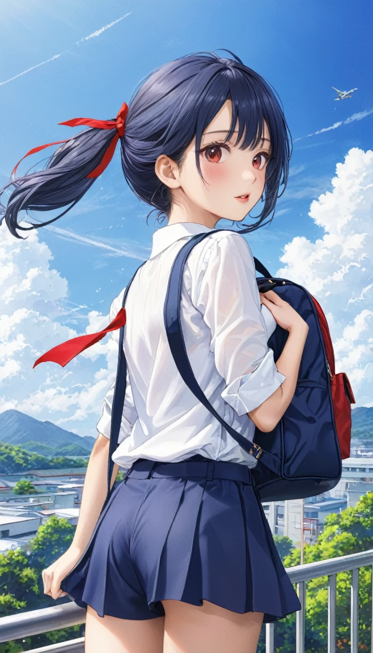  I can see your pants、Windでスカートが捲れる、Photo quality、4K、woman，Dark blue high 、whiteいシャツ、Red ribbon、Navy blue school bag、通学Wind景、School、white，art，advertisement，Colored pencil drawing，draft 、Summer Girl、Wind、whiteいレースのパンツがWindで見える