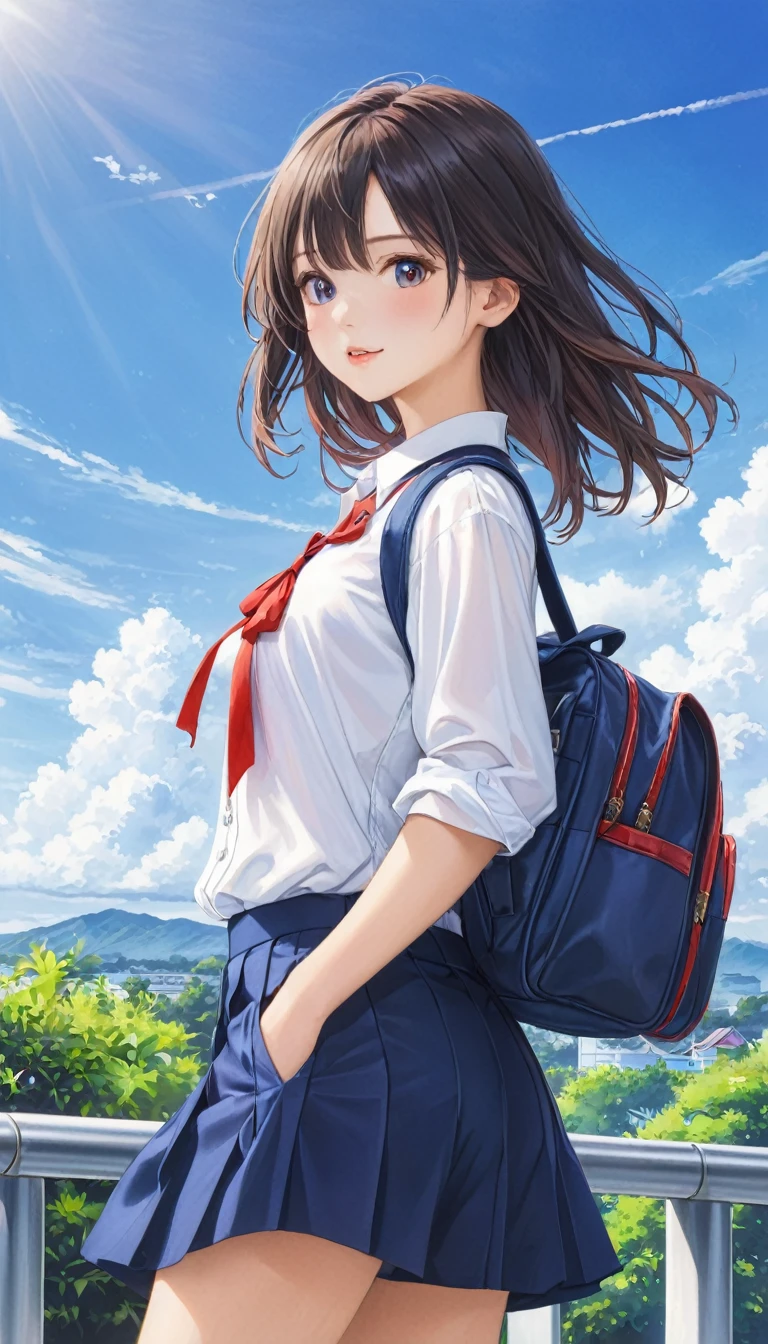 I can see your pants、Windでスカートが捲れる、Photo quality、4K、woman,Dark blue high 、whiteいシャツ、Red ribbon、Navy blue school bag、通学Wind景、School、white,art,advertisement,Colored pencil drawing,draft 、Summer Girl、Wind、whiteいレースのパンツがWindで見える