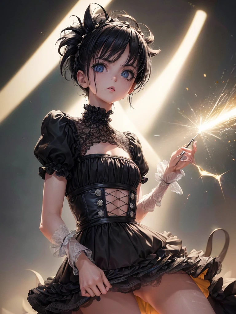 (Obra maestra:1.2), Mejor calidad, (illustration:1.2), (ultra detallado), hiper detalles, (delicado detallado), (detalles intrincados), (cinematic light, Mejor calidad Backlights), Delete line, solista, Cuerpo perfecto, (1 chica), In the style of Tim Burton, a hyper realism hd vintage gothic anime girl, a punk rock creature, long lashed eyes speckled with silver, cheeks flushed with colour, dark lips slightly parted, high cheekbones, surrounded by flecks of electrical sparks, (constituir), alto contraste, (mejor iluminacion, un extremadamente creado y hermoso), (cinematic light), vistoso,