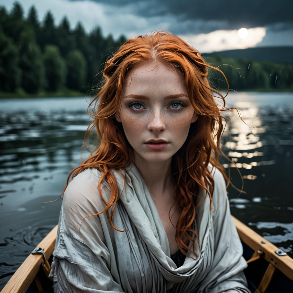 Sdxl Photorealism Realistic fiery redhead Woman BREAK she is holding a big castiron anvil BREAK she is sitting in a small wooden boat BREAK she is wearing a loose fitting deepcowl revealing dress made of wet cotton, soaked cotton, see-trough fabric, wet fabric BREAK there is a big rope tied around her waist BREAK Dark Stormy clouds in the background, bokeh background BREAK her gothic makeup is dripping because of the heavy rain, downpour rain, diluvian rain BREAK the water of the lake is dark + shimmering pale spectres of liquid souls streaking under the surface BREAK she has bruises on legs, around her neck and on her forearms BREAK she is extremely goodlooking, perfect female proportions, slender but athletic, medium pointy breast, hard nipples under the wet fabric of her torn dress BREAK subliminal medusa head in the fullmoon in the sky, barely perceptible BREAK rule of third composition + 8k + HDR studio lighting + cold color palette + vivid textures +