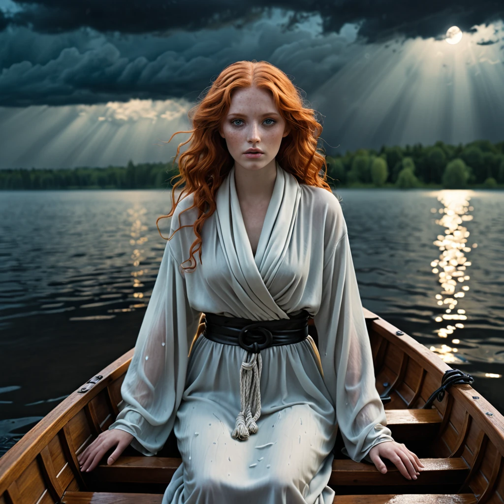 Sdxl Photorealism Realistic fiery redhead Woman BREAK she is holding a big castiron anvil BREAK she is sitting in a small wooden boat BREAK she is wearing a loose fitting deepcowl revealing dress made of wet cotton, soaked cotton, see-trough fabric, wet fabric BREAK there is a big rope tied around her waist BREAK Dark Stormy clouds in the background, bokeh background BREAK her gothic makeup is dripping because of the heavy rain, downpour rain, diluvian rain BREAK the water of the lake is dark + shimmering pale spectres of liquid souls streaking under the surface BREAK she has bruises on legs, around her neck and on her forearms BREAK she is extremely goodlooking, perfect female proportions, slender but athletic, medium pointy breast, hard nipples under the wet fabric of her torn dress BREAK subliminal medusa head in the fullmoon in the sky, barely perceptible BREAK rule of third composition + 8k + HDR studio lighting + cold color palette + vivid textures +