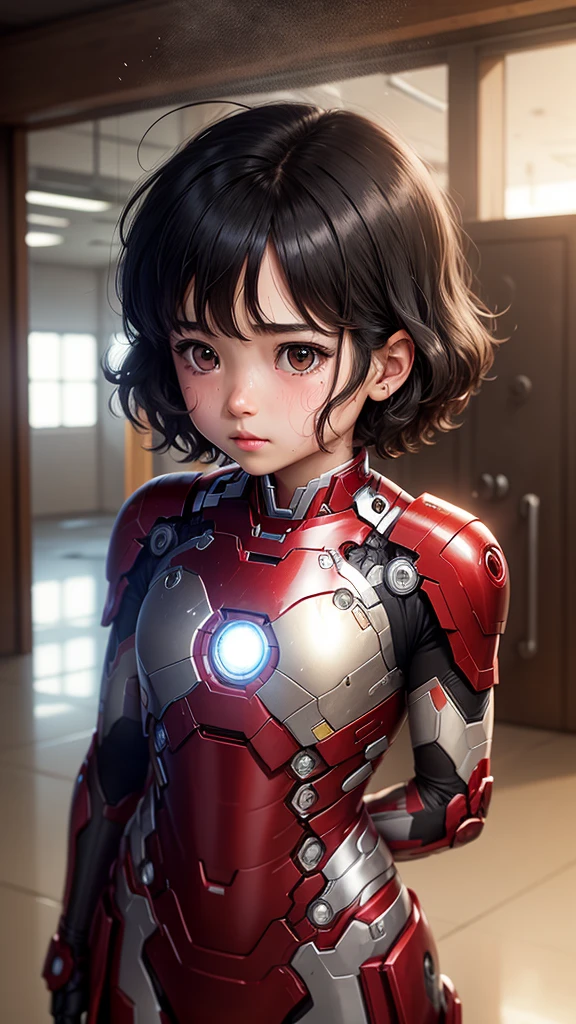 Highest quality 8k Iron Man Suit Girl Sweaty face cute short hair boyish Steam coming from the head My hair is wet with sweat Black Hair