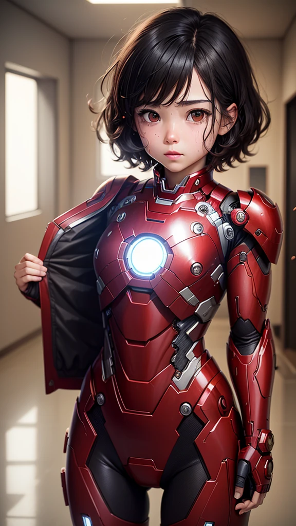 Highest quality　8k Iron Man Suit Girl　　Sweaty face　cute　short hair　boyish　Steam coming from the head　My hair is wet with sweat　Black Hair