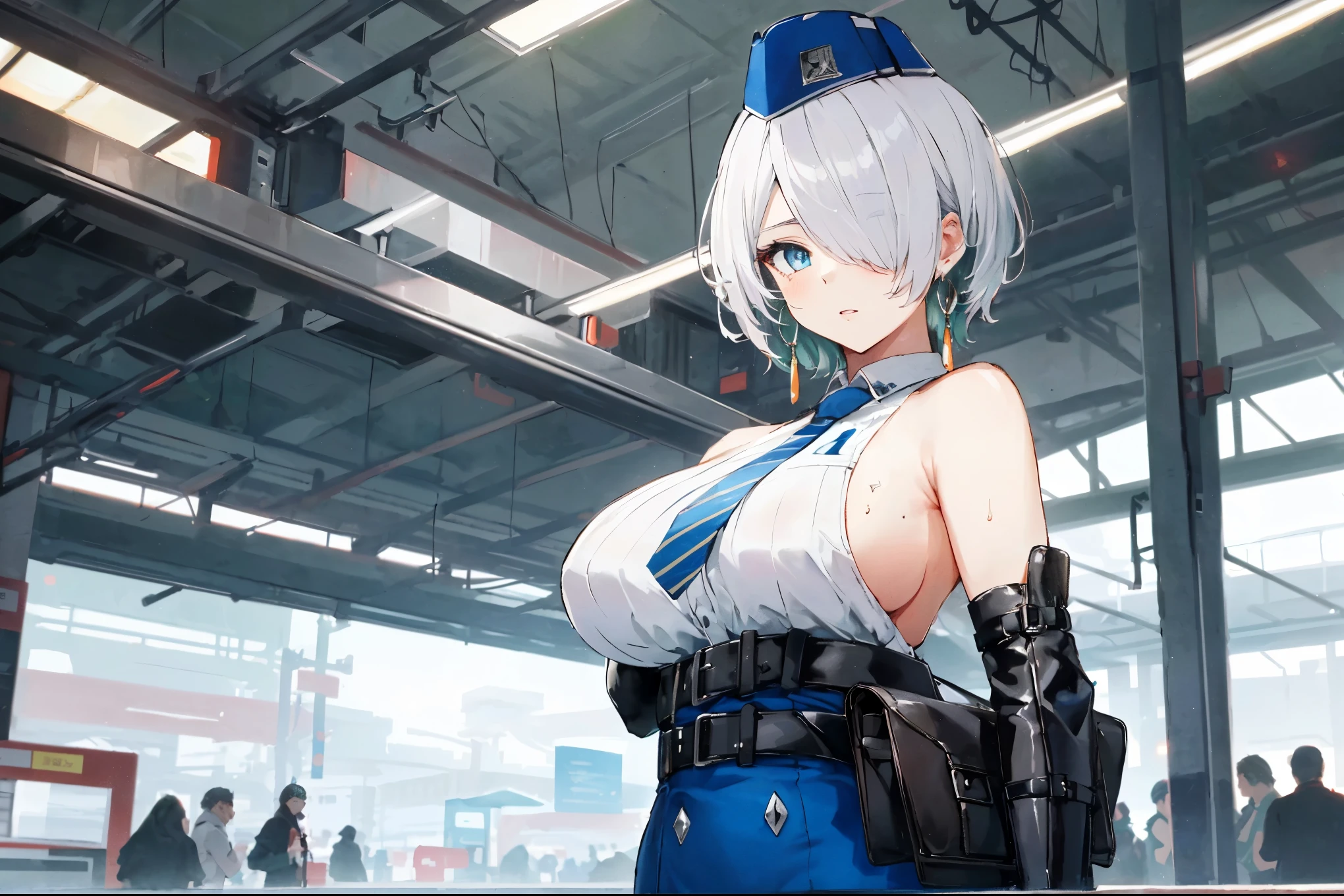 (masterpiece, best quality, ultra detailed, absurdres:1.5), 1girl, (sexy, beautiful woman, perfect face, perfect eyes, perfect female body, large breasts:1.5), (nikkebrid, white hair, low ponytail, hair over one eye, earrings, garrison cap, sleeveless shirt, long skirt, blue necktie, belt pouch, elbow gloves, high heel boots, ), (standing, indoors, train station), perfect lighting, smooth, hdr,solo