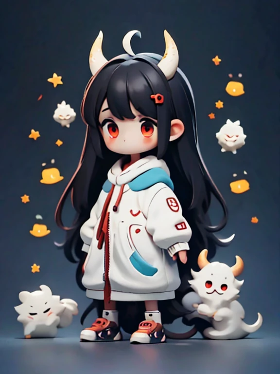 Young Girl,,Wearing a one-piece dress,Mini character,Red eyes,Black Hair,Long Hair,Dark atmosphere,Deformed character,Horns growing,Ahoge,