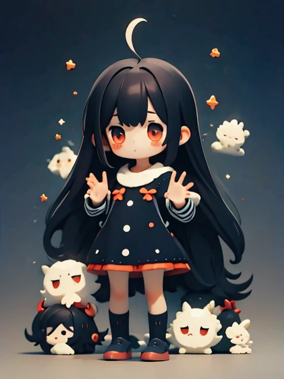 Young Girl,,Wearing a one-piece dress,Mini character,Red eyes,Black Hair,Long Hair,Dark atmosphere,Deformed character,Horns growing,Ahoge,