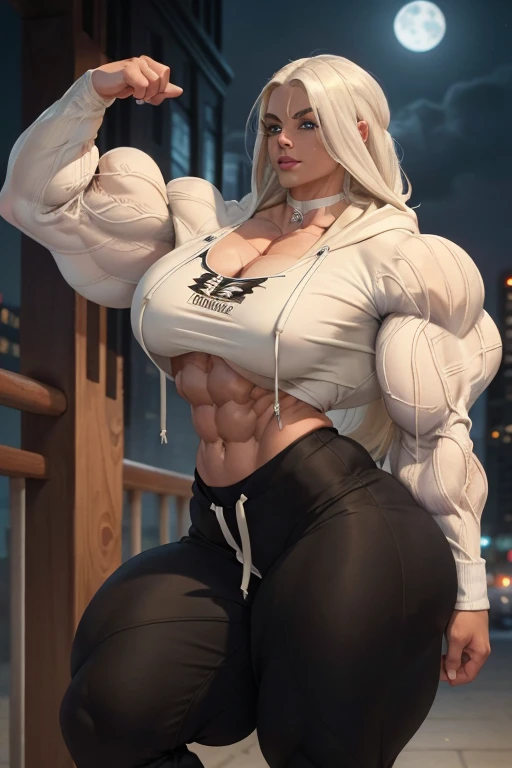 ((Close-up)), tall, (White hair) beautiful muscular cowgirl, long straight hair, light brown skinned, closed smile, (black lipstick), (massive muscles), (hyper muscle), (ginormous bulky muscles), blue eyes, ((white long sleeve hoodie, hood down)), (exercise pants), choker, sneakers, in Chicago at night, 