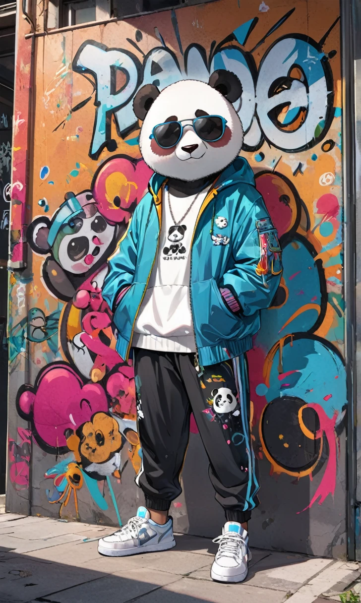 Title: Urban Cool: Graffiti Art of a Street-Style Panda with Sunglasses
Prompt:
Design a vibrant and striking graffiti piece that features a panda wearing sunglasses and dressed in street-style fashion. The artwork should creatively combine the gentle nature of the panda with the bold, edgy elements of urban street fashion, resulting in a unique and captivating visual statement.
Panda's Symbolism and Street Fashion:
The panda symbolizes peace, gentleness, and a deep connection with nature. By incorporating sunglasses and street-style clothing, the design should express both the calm and stylish vibe of the panda in an urban context. This fusion will produce a visually appealing and message-driven graffiti piece.
Design Elements:
Dynamic Pose and Expression:
Illustrate the panda in a dynamic and engaging pose to highlight its unique character.
Use expressions ranging from cool and relaxed to playful and energetic, giving the panda a distinctive personality.
Sunglasses Style:
Equip the panda with trendy sunglasses to enhance its urban coolness.
Experiment with various styles of sunglasses, such as classic aviators, round frames, or reflective shades.
Street-Style Fashion:
Dress the panda in iconic streetwear items such as hoodies, caps, bomber jackets, and sneakers.
Incorporate graffiti-inspired patterns and urban art elements into the clothing design to emphasize the street style.
Color and Contrast:
Utilize vibrant and contrasting colors to make the graffiti pop against the urban backdrop.
Employ bold outlines and shading techniques to add depth and dimension to the design.
Creation Process:
Concept and Sketch:
Start with a clear concept and create rough sketches to outline the panda’s pose, expression, and outfit.
Focus on capturing the essence of both the gentle and urban elements in the initial drawings.
Digital or Hand-Drawn Illustration:
Develop the detailed illustration either digitally or by hand, emphasizing the textures and details of the panda’s
