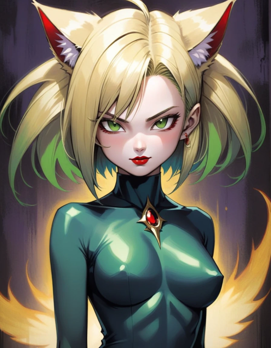em meio nvens de raios pretos energy full of eye the vibrantes de iori Yagami girl + Vegeta cat pale skinny demon, smirking, short com gel blonde Green brilhante hair, dark art nouveau, insane but beautiful, red hot lips, yellow jewellery, elegant figure, evil, goth, unrealistic, frightening looks, fairy grunge, by Guy Denning, Ilya Kuvshinov, award-winning, professional, highly detailed, masterpiece, intricate, atmospheric, 16k, HDR