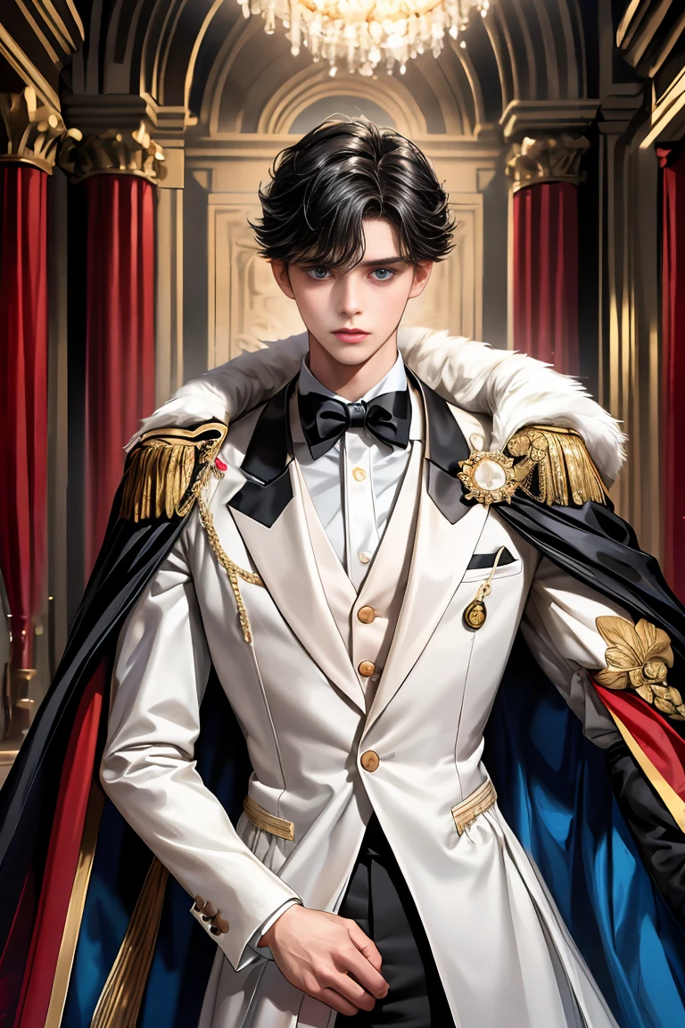 masterpiece, 最high quality, high quality, 1 boy, alone, Male focus, Watching the audience, Messy black hair, Adorable big blue eyes, White, Noble, Noble,A sexy, voluminous, puffy cape、tuxedo、A very voluminous, large, very large, very large, long, long red and black cape with a high stand-up collar, made of a lot of fabric that reaches down to the floor., 17 years old,Cute beautiful boys,Cute, cute, kind, handsome guy