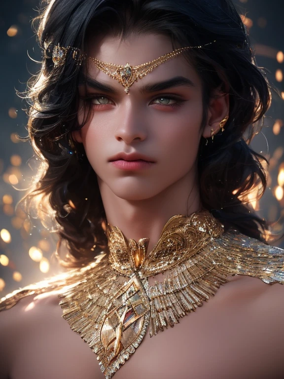 The magical look of a girl with wavy beige hair, Rainbow eyes , sparkling eyes ! just sparkles from the eyes - such a piercing look !! dark skin, Cute boy, boy with a beautiful face, Realistic anime style . Mysterious magic surrounds her !against the backdrop of the universe , with flashing lightning