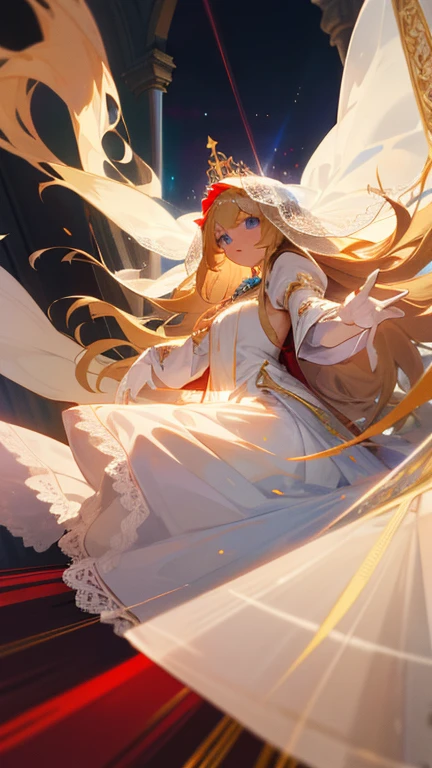 , blue eyes, white translucent lace veil, elbow gloves, white gloves, white ballgown, puff sleeves, cross details, hands outstretched, long blonde hair, altar, holy aura, red cape, gold embroidery, white crown, casting magic, glowing aura, white robe, white headdress, full body dress