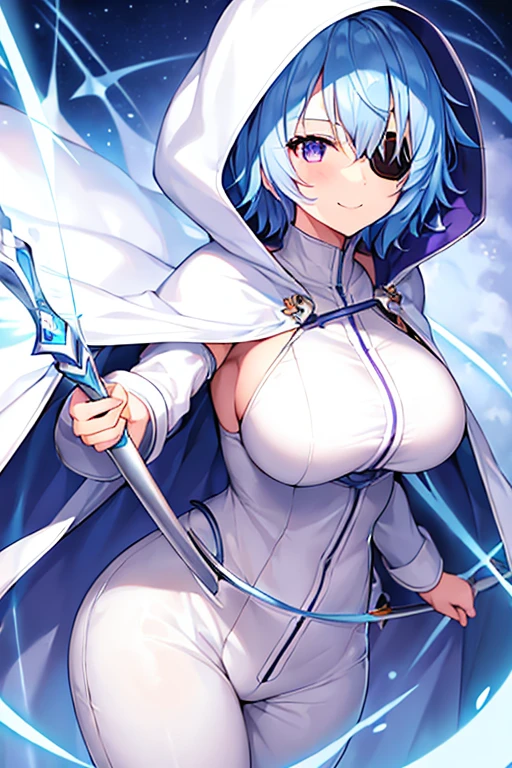 1girl, large breasts, light blue hair, purple eyes, one eye covered, eyepatch, ((eyepatch)), short hair, smile, light smile, cloak, white cloak, white hood, white cape, cape, belt, white pants, white clothes, hood up, pants, ((pants)), hourglass figure, bow /(weapon/)