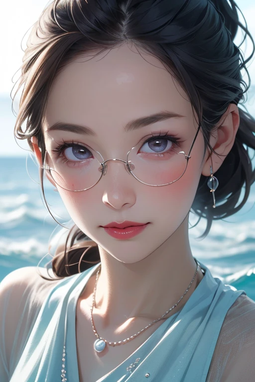 A beautiful and mature 55-year-old Japanese woman, married woman, thin lines, long eyelashes, sparkling eyes, low ponytail, wearing glasses, red lipstick, elegant, gorgeous figure, pearl necklace, small bust, sheer bikini, diving in the sea, swimming, (best quality,4k,8k,highres,masterpiece:1.2), photorealistic,ultra-detailed,extremely detailed face,extremely detailed eyes,detailed lips,detailed nose,realistic skin,flawless skin,natural lighting,volumetric lighting,depth of field,cinematic composition,dramatic lighting,dramatic pose,beautiful ocean background,underwater scene,photorealistic water,crystal clear water,realistic bubbles,realistic water droplets