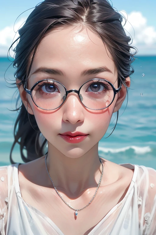 The movie, colorful, full HD, 8k, intricate details, super detailed, sunny summer, under the blue sky, she, tall, with a pair of glasses, a beige Sun hat, a very sweet smile, a ponytail behind her, a pair of small eyes shining with wisdom; She is white and pure, with a clear and beautiful face and eyes. She is always a beautiful woman, but she is unique and very special. pixiv