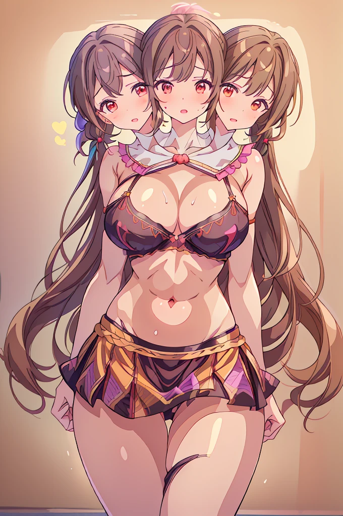 (masterpiece, best quality), best quality, (ultra-detailed), ((3heads:1.5)), 1girl, (hatate himekaidou:1.3), masterpiece, best quality, ultra quality, ultra resolution, ultra detail, pinkish top, with purple trim, crop top, ((stomach)), midriff, ((groin)), black/purple checker pattern skirt, normal ears, shackles, long brown hair, twintail hairstyle, pigtails, brown eyes, parted lips, detailed eyes, sweat, cute, toned belly, hand on own chest, eyelashes, (24 year old woman:1.3), (masterpiece:1.5), (best quality:1.5), (beautiful detailed), extremely detailed CG, extremely delicate and beautiful, depth of field, (finely detailed face), (perfect details:1.2), (mature female:1.3), wide pelvis, slender, large veiny breast, 16k resolution, highres, very high quality, very high definition, extremely detailed, masterpiece, brown hair, twintails, alluring presence, short skirt, close up, very big tits, huge tits, young, girl with three heads, three headed girl,