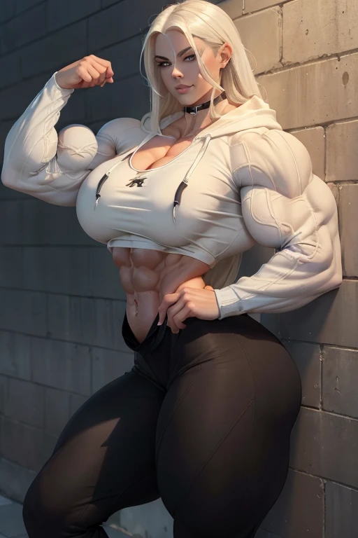 ((Close-up)), tall, (White hair) beautiful muscular cowgirl, long straight hair, light brown skinned, closed smile, (black lipstick), (massive muscles), (hyper muscle), (ginormous bulky muscles), blue eyes, ((white long sleeve hoodie, hood down)), (exercise pants), choker, sneakers, in Chicago at night, (leaning on a wall) 