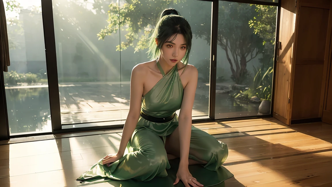 (Beautiful assassin girl), (Get down on one knee),((Perfectly slim)), Short Ponytail, (Green Hair),(Gradient eye color), ((Bright and clear eyes)), Green Eyes, (Sleeveless Night Dress), Black short evening dress, Japanese shrine in the mist, ((Quick Lighting Properties), ((紫色和深蓝色light)), (Anime style), (((light))), ((Ray Tracing)), ((reflected light)), (((First-person perspective))), Atmospheric perspective, masterpiece, precise, ((best quality)), high quality, Super Detail, High Detail, Anatomically correct, high resolution, Ultra HD
