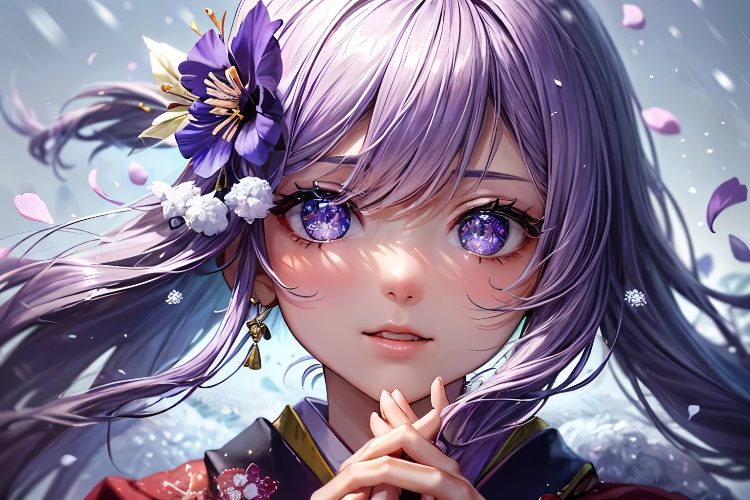 ｛Lowest Quality, Low Quality}, ((Girl)), Solo, (Close-up: 1.3), (Face Focus: 1.4), ((Half-up, Light purple Hair)), Clear Eyes and Plump Lips, Beautiful purple Eyes: 1.2), Speaking Heart, Praying Hands, (Perfect Hands: 1.3), (Traditional Japanese Costume: 1.2), (She is wearing a kimono with a Bellflower pattern, Delicate and Fine Embroidery: 1.3), Embarrassed, Standing Bow, Looking at the Viewer, Tilts Head, (Snowstorm, Scattered Petals: 1.5), (Light Particles, Light Sparkles: 1.4), Bellflower Effect, ((Bellflower Background)), High-Angle Shot, Must-Have, Best Quality, Super Detailed,