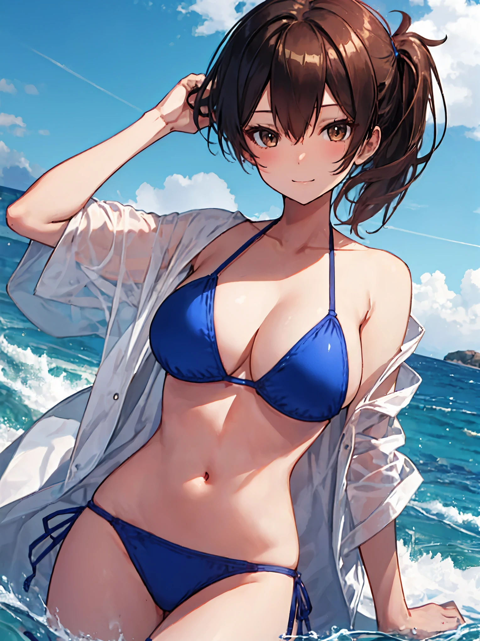 Beautiful illustration、top-quality、Kaga_kantaicollection
brown_hair, Side_Ponytail, brown_Eyes, Short_hair, (gigantic_breasts1.5) long_hair、Blue Bikini、 coast_landscape,(abs:0.5),navel,solo,(light_smile:0.7),happy