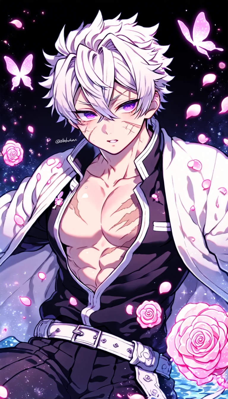 Ultra detailed, HDR, Highres, absurdres, master piece, Shinazugawa Sanemi, white hair, hair between the eyes, expressive purple eyes, white cropped haori, toned chest, scars on his face and chest, Kimetsu No Yaiba, black demon uniform, solo, pink glittering butterflies, pink ice, petals, pink ice glass roses, sexy man, sensual, handsome, glittering, water, fantasy, magical, manly man,