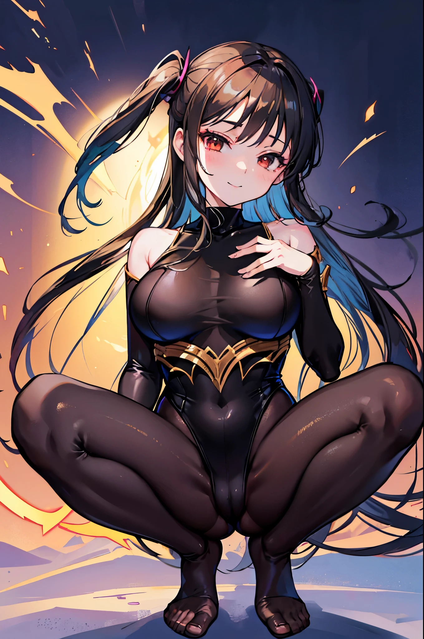 Highest quality　Highest quality　Draw a face carefully　High-definition anime-style face　Super Glowing Skin　Long black hair　Brown leotard　Golden pantyhose　Succubus　lure　smile　squat　Show your legs　Feet close up
