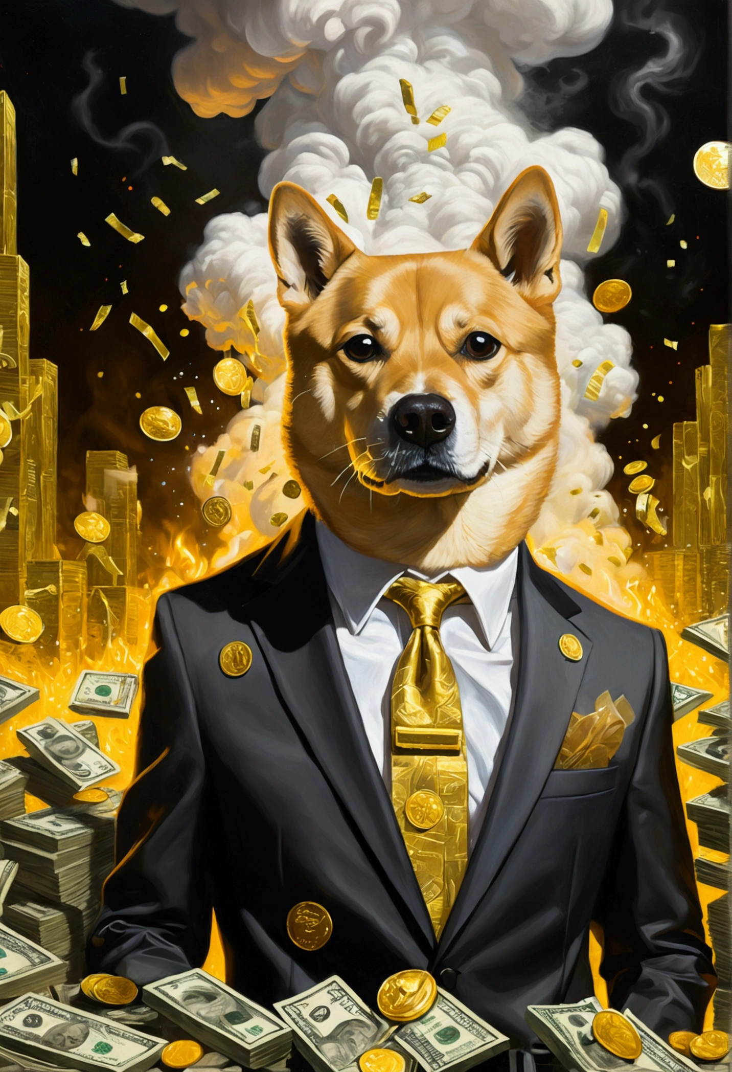 A detailed painting of a dogecoin dog in a suit, Surrounded by a flood of dollar bills and gold bars, gold-coins, white smoke flying in front, neon cyberpunk (((a lot of smoke)))