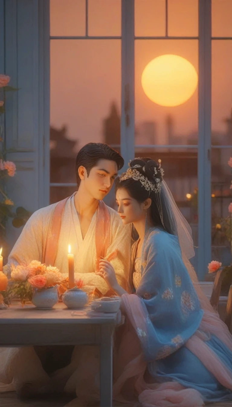 a man and woman sitting at a table with candles in front of a window, gorgeous romantic sunset, romantic couple, romantic scene, rooftop romantic, dreamy and romantic, in romantic style, romantic atmosphere, romantic ambiente, unreal engine ; romantic theme, ❤🔥🍄🌪, warm beautiful scene, romantic themed, romantic!!!, romantic painting, romantic light, summer setting