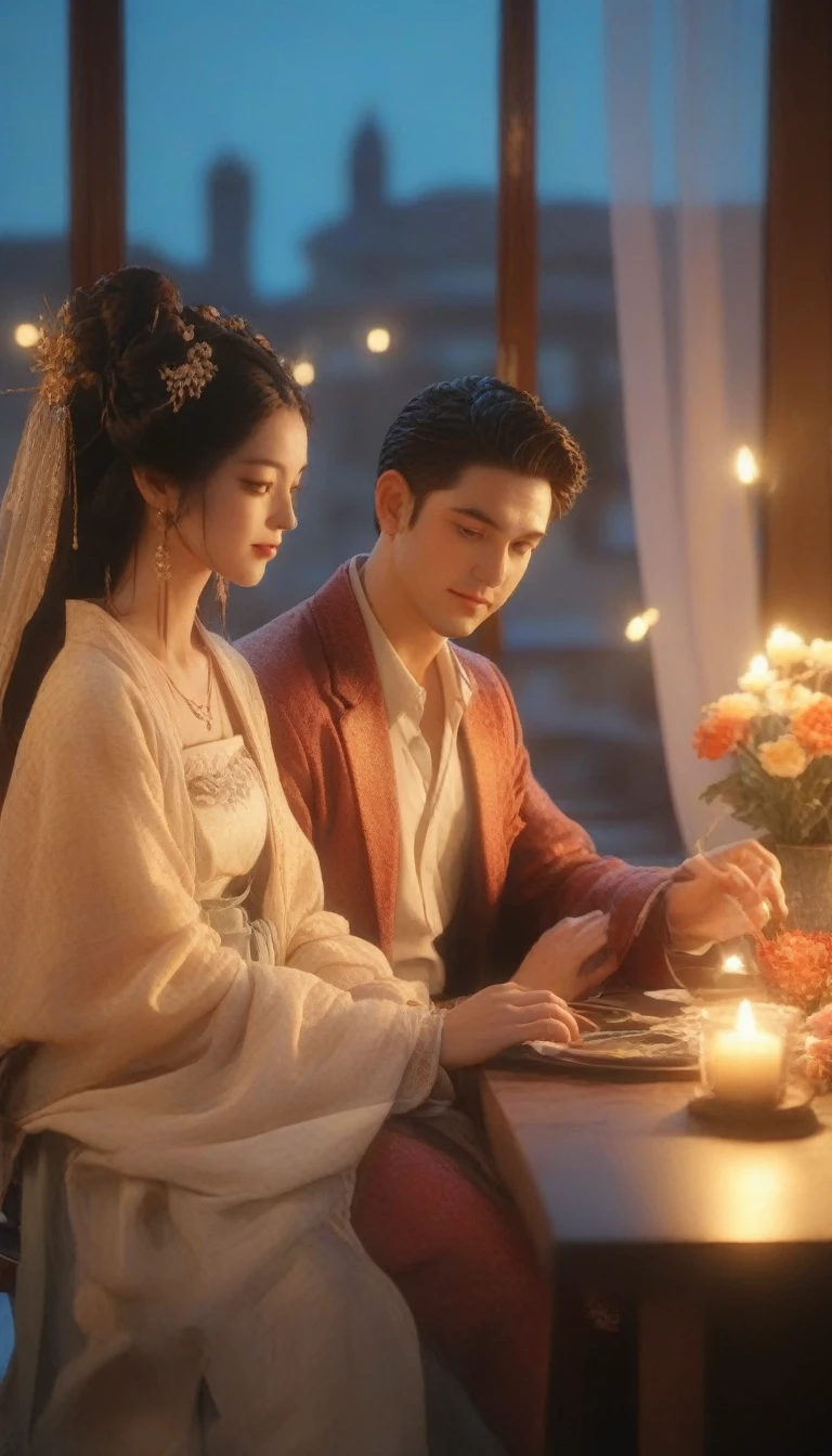 a man and woman sitting at a table with candles in front of a window, gorgeous romantic sunset, romantic couple, romantic scene, rooftop romantic, dreamy and romantic, in romantic style, romantic atmosphere, romantic ambiente, unreal engine ; romantic theme, ❤🔥🍄🌪, warm beautiful scene, romantic themed, romantic!!!, romantic painting, romantic light, summer setting