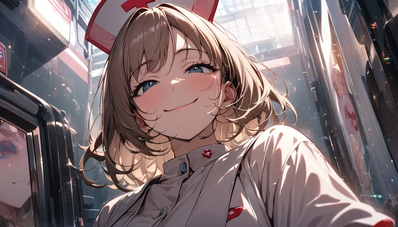 From below, Portraiture, Kind and beautiful nurse, Cool face, A shy smile, Superb proportions, She is wearing a loose cardigan over her nurse uniform., Glitter effect, fog effect、smug face、Cowboy Shot