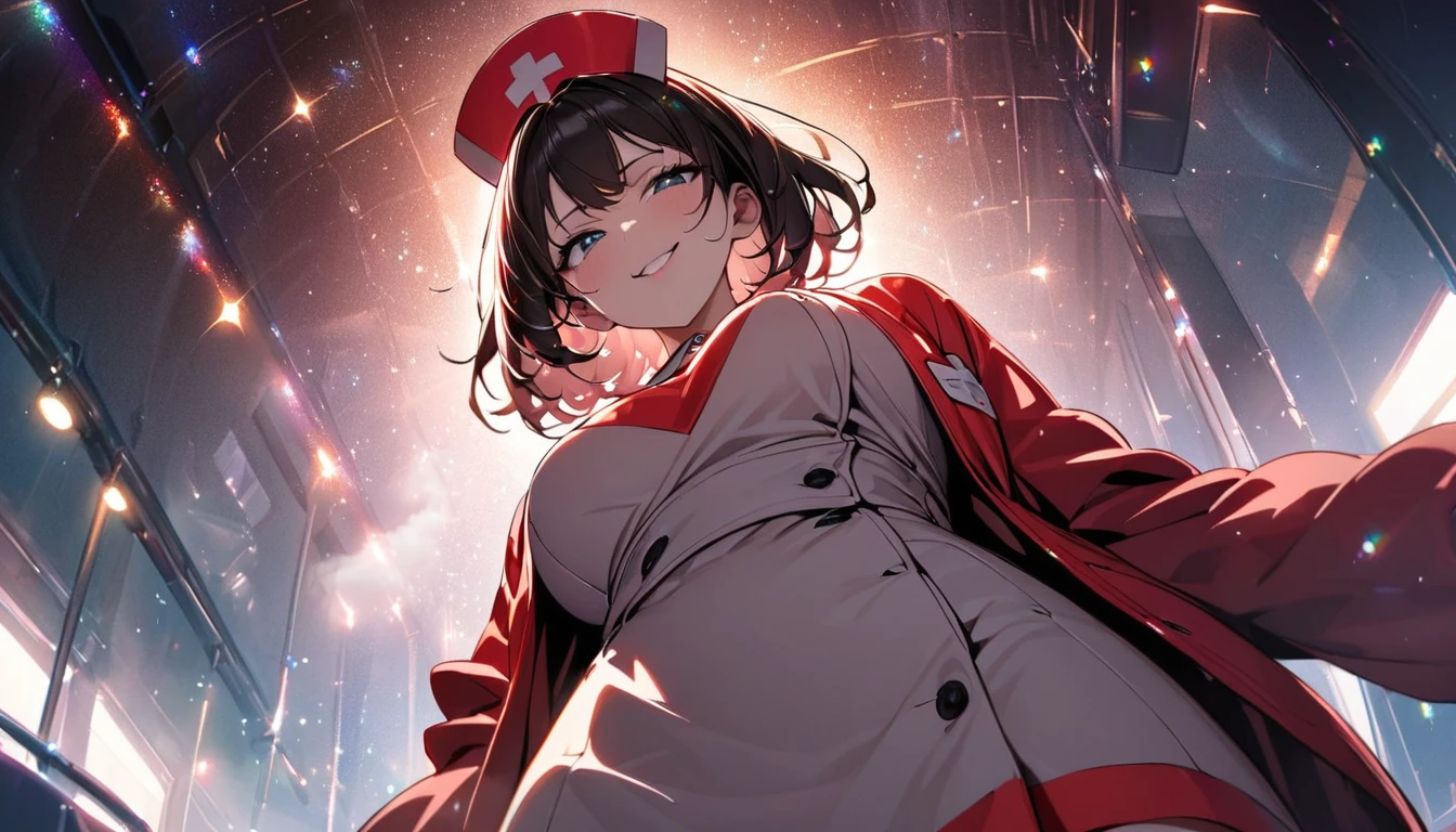 From below, Portraiture, Kind and beautiful nurse, Cool face, A shy smile, Superb proportions, She is wearing a loose cardigan over her nurse uniform., Glitter effect, fog effect、smug face、Cowboy Shot