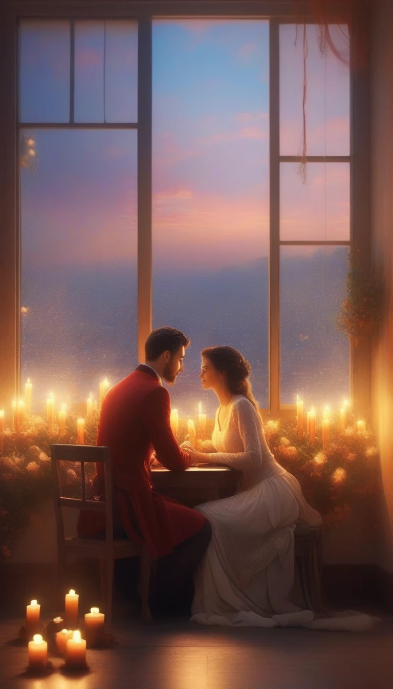 a man and woman sitting at a table with candles in front of a window, a picture by Karl Völker, pexels contest winner, romanticism, gorgeous romantic sunset, romantic couple, romantic scene, rooftop romantic, dreamy and romantic, in romantic style, romantic atmosphere, romantic ambiente, unreal engine ; romantic theme, ❤🔥🍄🌪