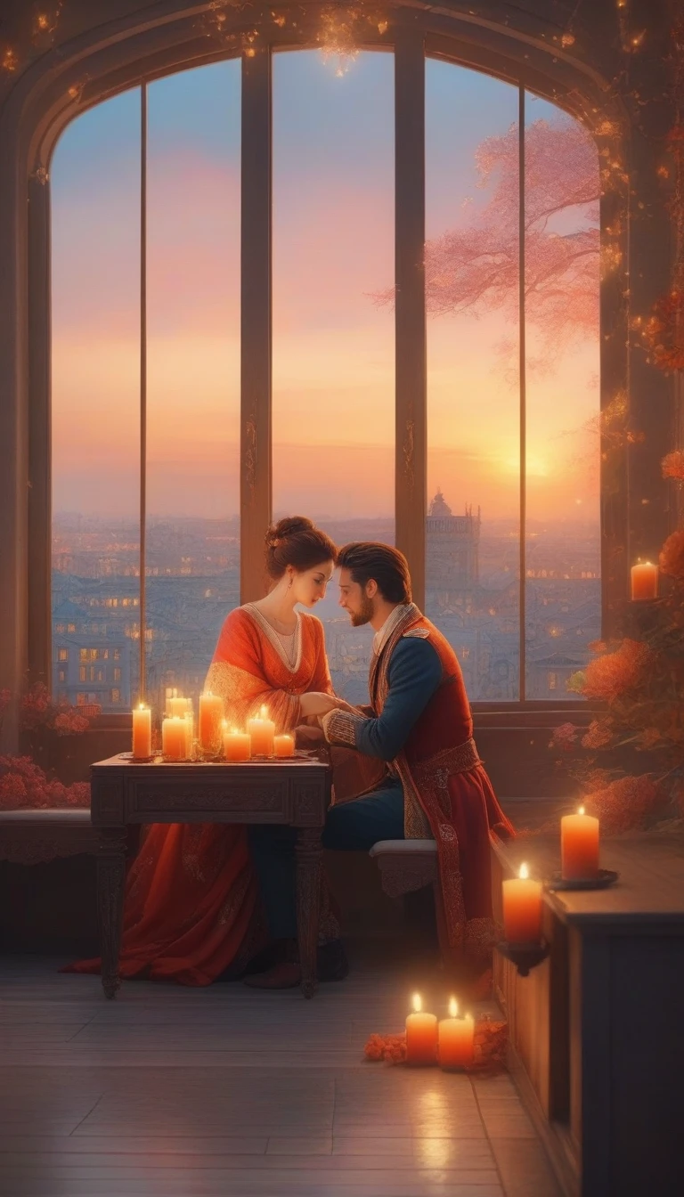 a man and woman sitting at a table with candles in front of a window, a picture by Karl Völker, pexels contest winner, romanticism, gorgeous romantic sunset, romantic couple, romantic scene, rooftop romantic, dreamy and romantic, in romantic style, romantic atmosphere, romantic ambiente, unreal engine ; romantic theme, ❤🔥🍄🌪